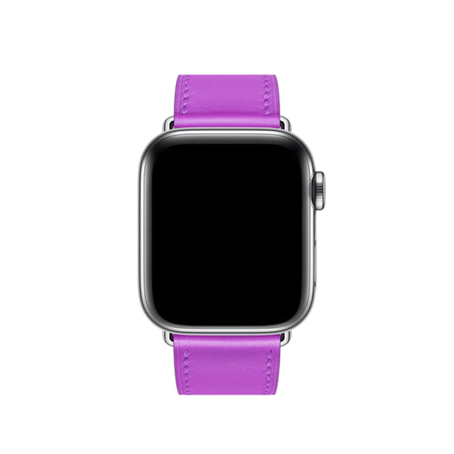 A handmade purple stitching genuine leather single tour watch strap on an apple watch series 11 42mm and 45mm and 46mm.