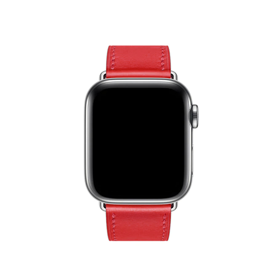 Red colour leather strap band for apple watch series 11 42mm and 46mm with a stainless steel pin and buckle