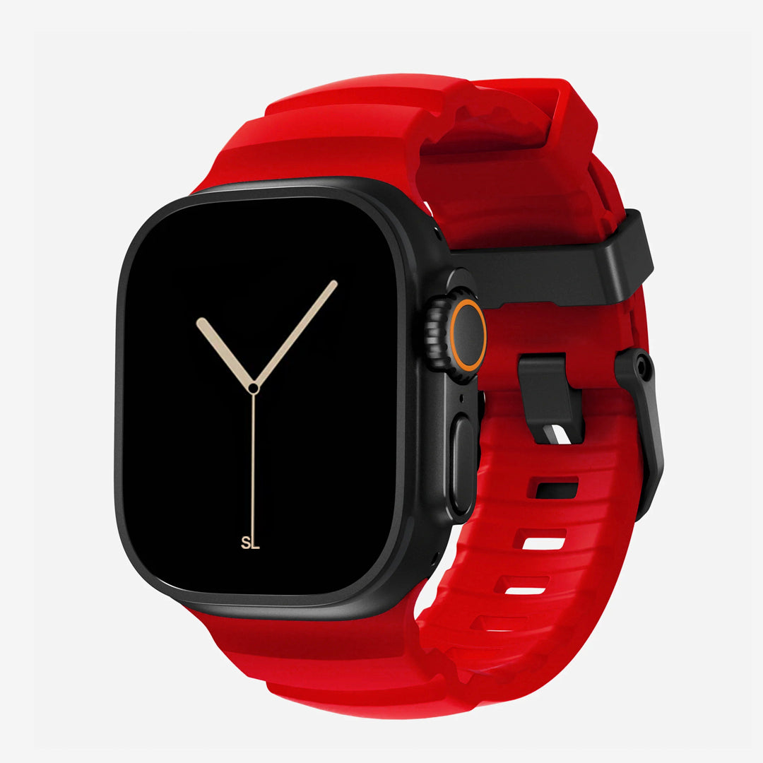 Red colour premium silicone extra thick watch strap band designed for adventurers and mountain hiking for Apple watch series 10 size 46mm and Ultra 2
