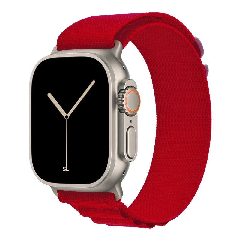 A red colour premium nylon watch strap band designed for adventurers and explorers that wear the Apple watch series 10 and Ultra 2