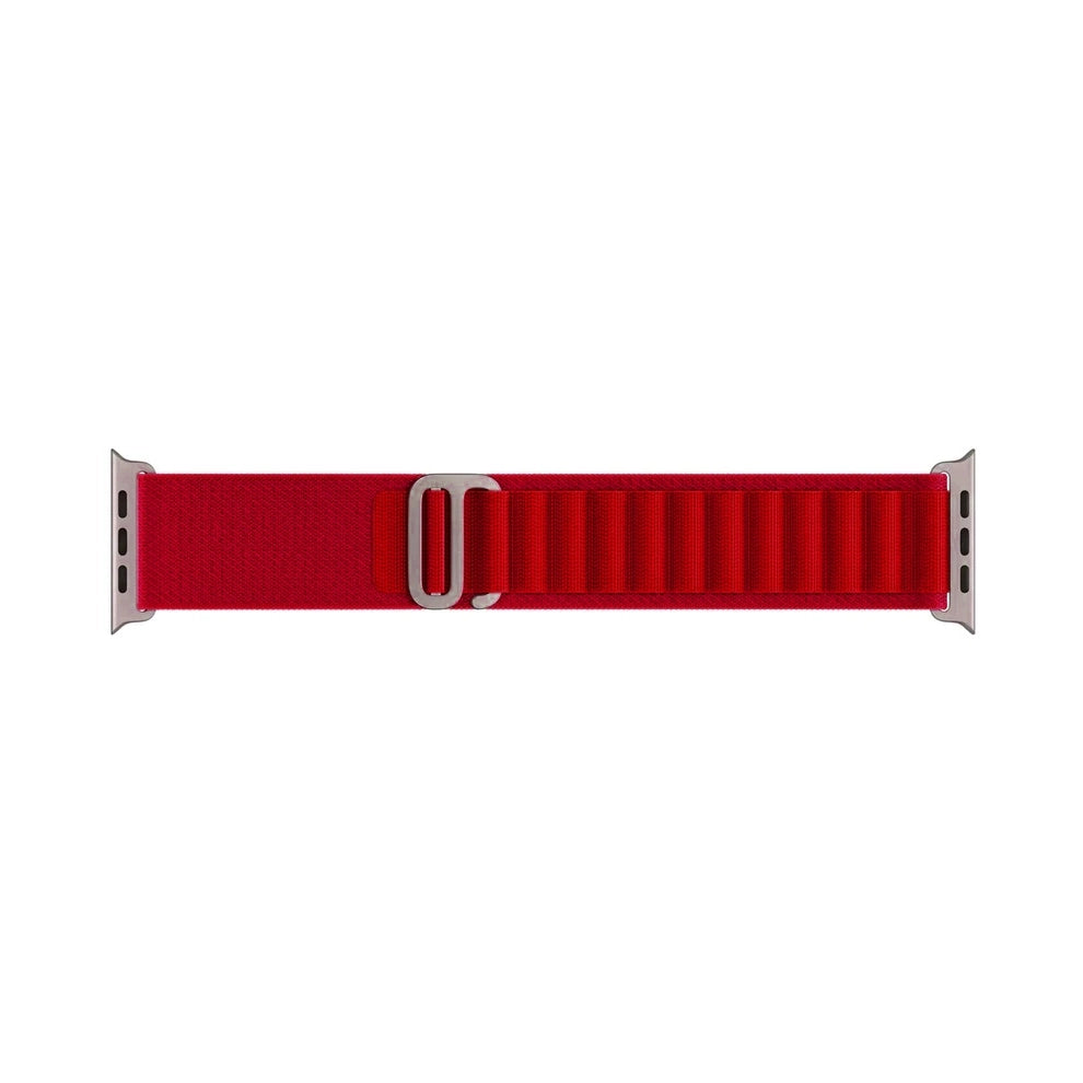 A red colour premium nylon watch strap band designed for adventurers and explorers that wear the Apple watch series 10 and Ultra 2