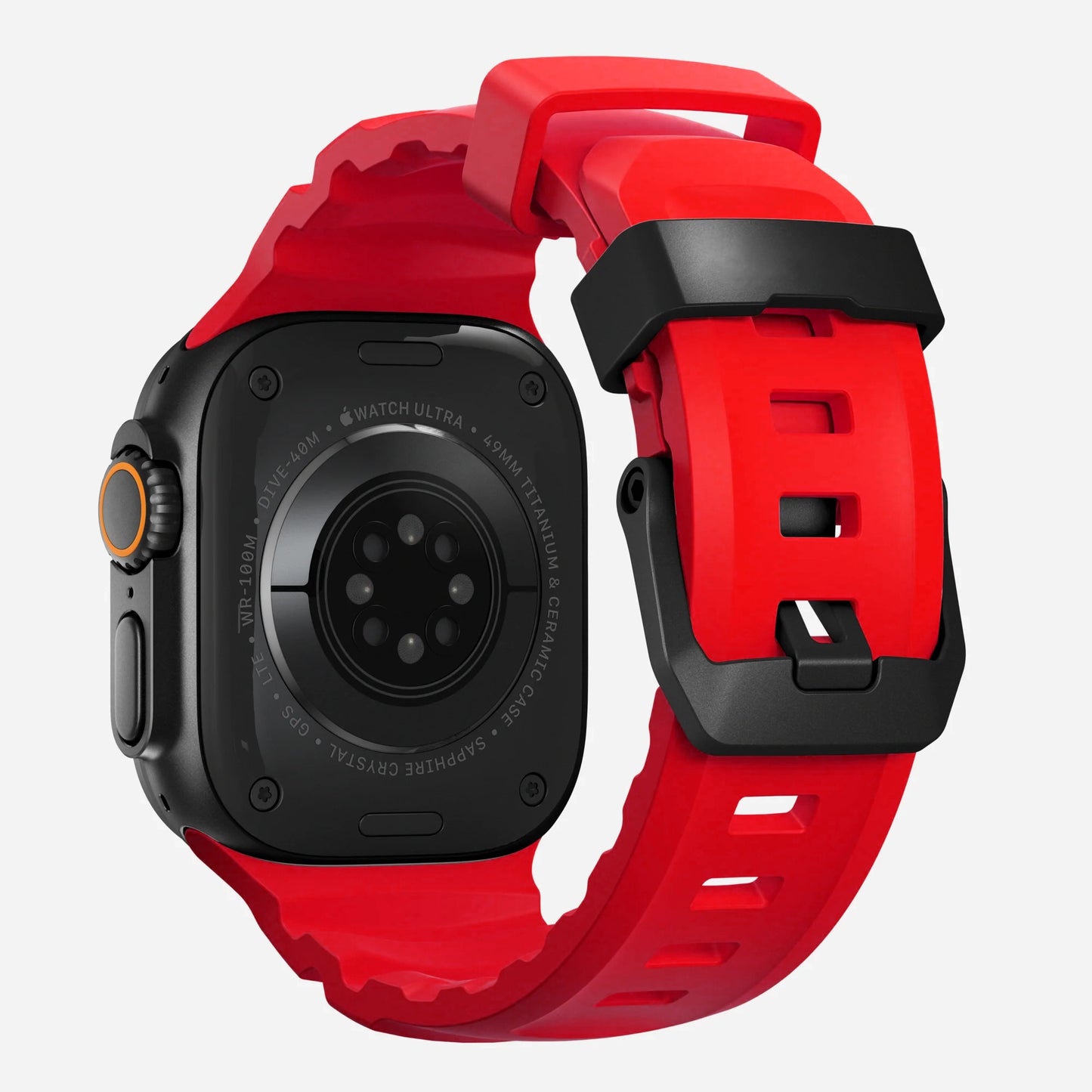 Red colour premium silicone extra thick watch strap band designed for adventurers and mountain hiking for Apple watch series 10 size 46mm and Ultra 2