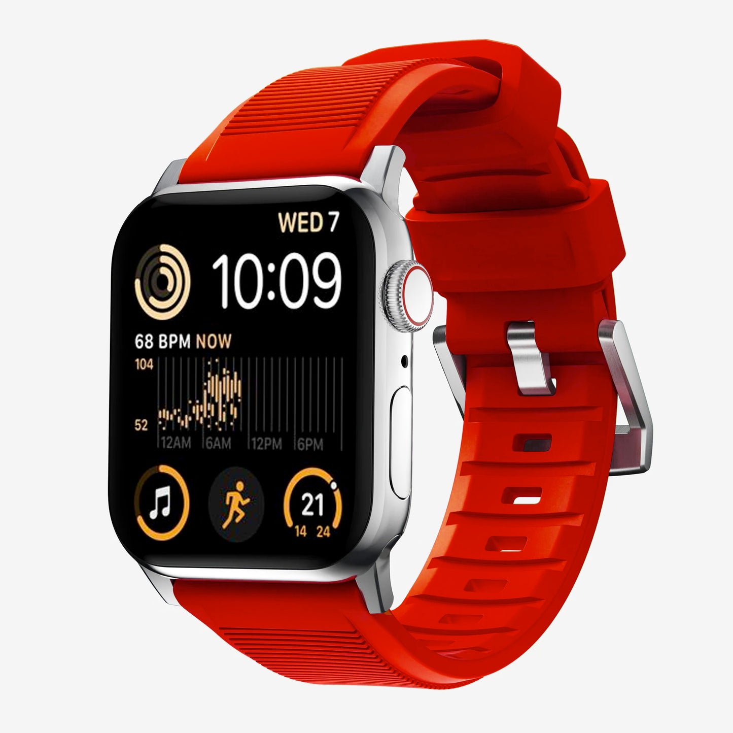 New red silicon with metal connectors, pin and buckle watch strap with compression grooves designed for apple watch series 9 45mm and ultra 2 side angle
