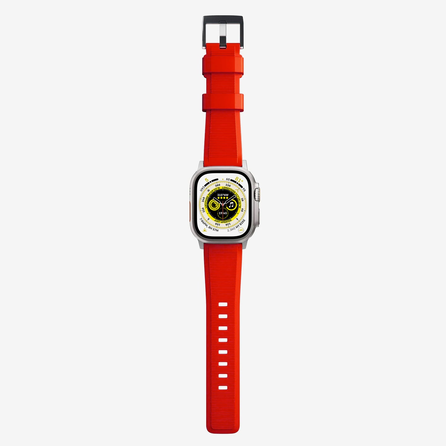 New red silicon with metal connectors, pin and buckle watch strap with compression grooves designed for apple watch series 9 45mm and ultra 2 side angle