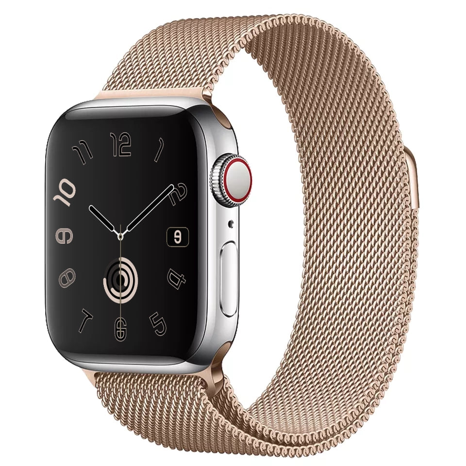 A rose gold colour stainless steel milanese loop watch strap for the latest apple watch series 11 42mm and 46mm and ultra 3
