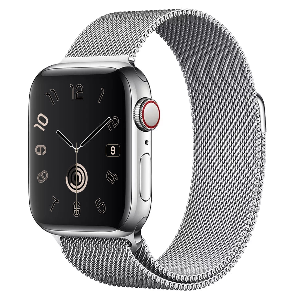 A classic silver stainless steel milanese loop watch strap for the latest apple watch series 11 46mm and 42mm and ultra 3