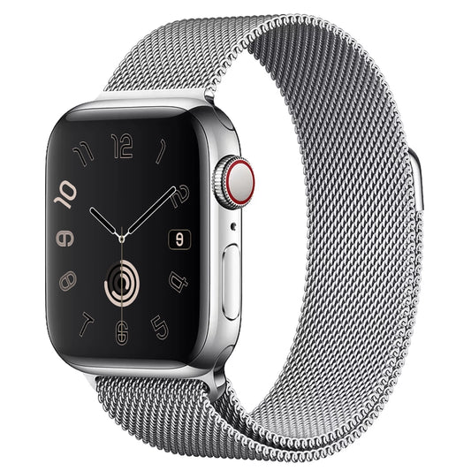 A classic silver stainless steel milanese loop watch strap for the latest apple watch series 11 46mm and 42mm and ultra 3