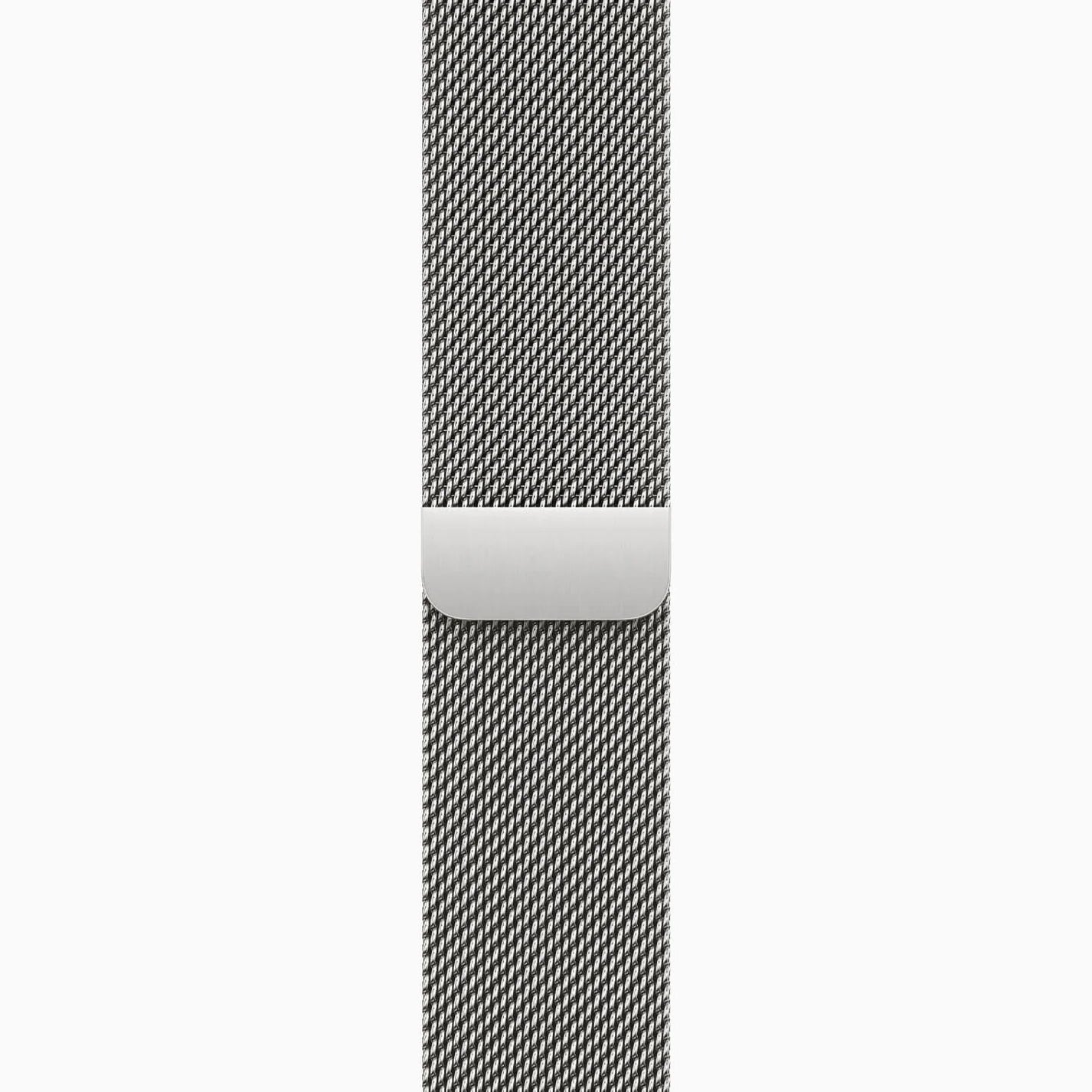 A classic silver stainless steel milanese loop watch strap for the latest apple watch series 11 46mm and 42mm and ultra 3