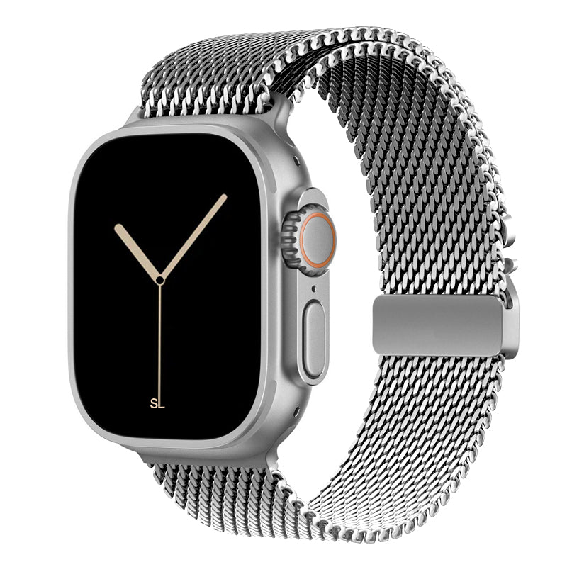 A silver colour looking watch strap band inspired by the titanium metal milanese for Apple watch series 10 and Ultra 2 42mm 45mm 46mm