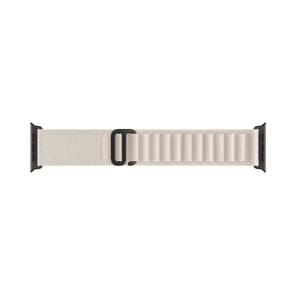 A starlight colour premium nylon watch strap band with black metal buckle hardware designed for adventurers and explorers that wear the Apple watch series 11 and Ultra 3