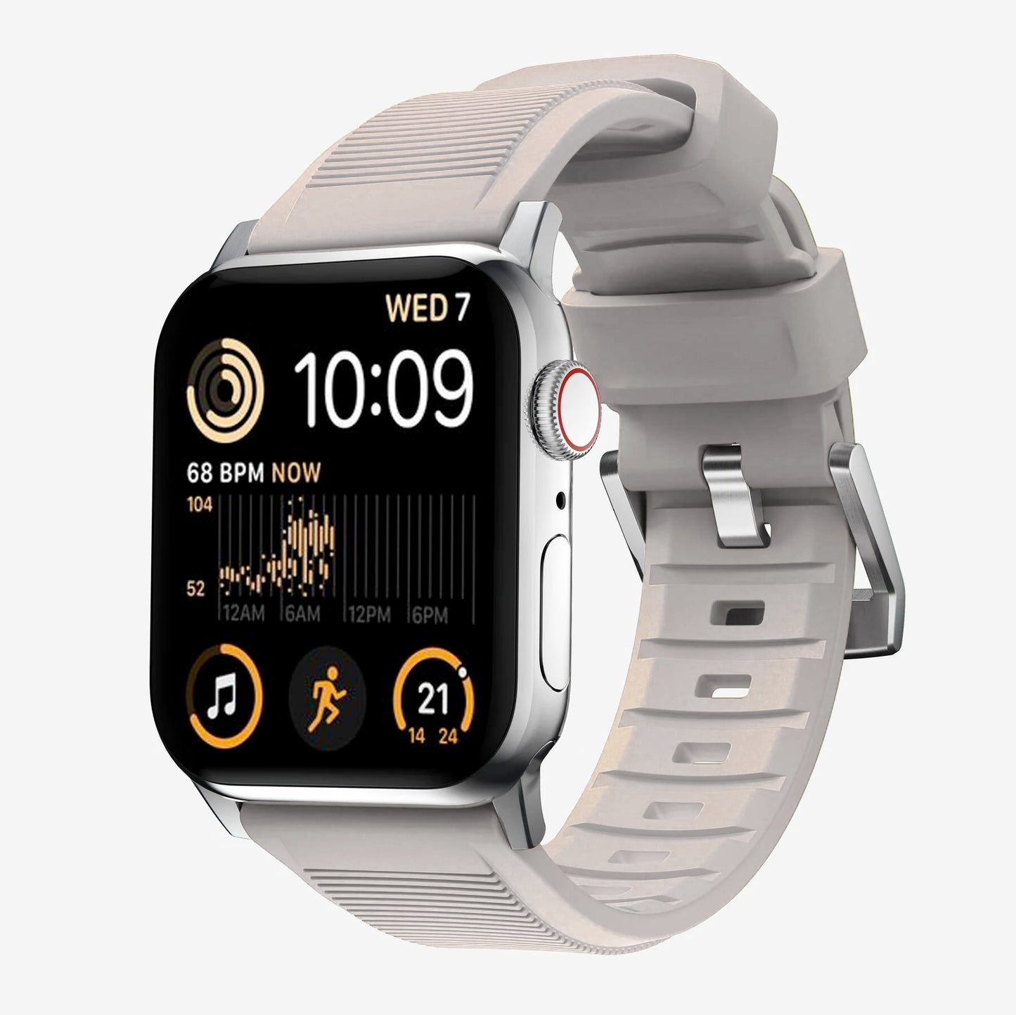 New starlight silicon with metal connectors, pin and buckle watch strap with compression grooves designed for apple watch series 9 45mm and ultra 2 side angle