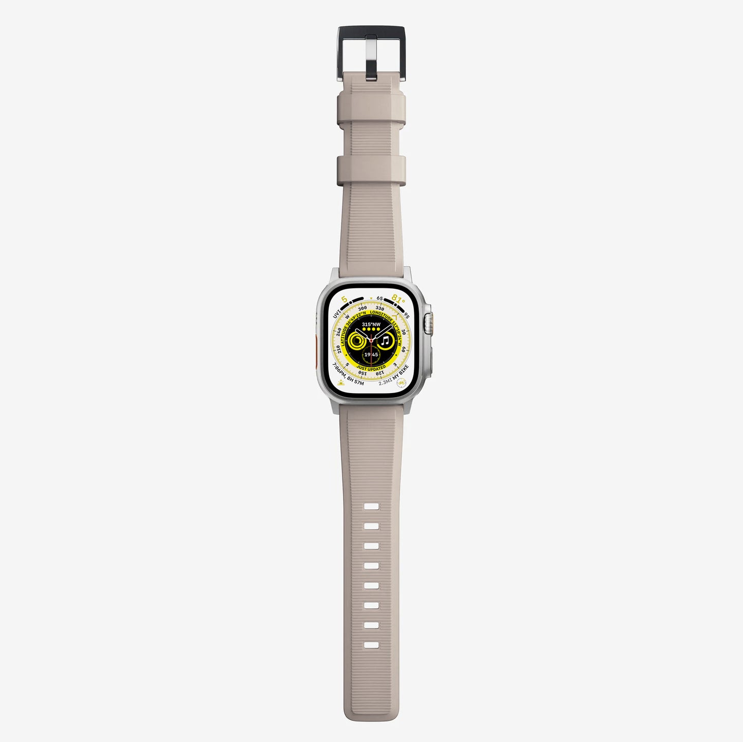 New starlight silicon with metal connectors, pin and buckle watch strap with compression grooves designed for apple watch series 9 45mm and ultra 2 side angle