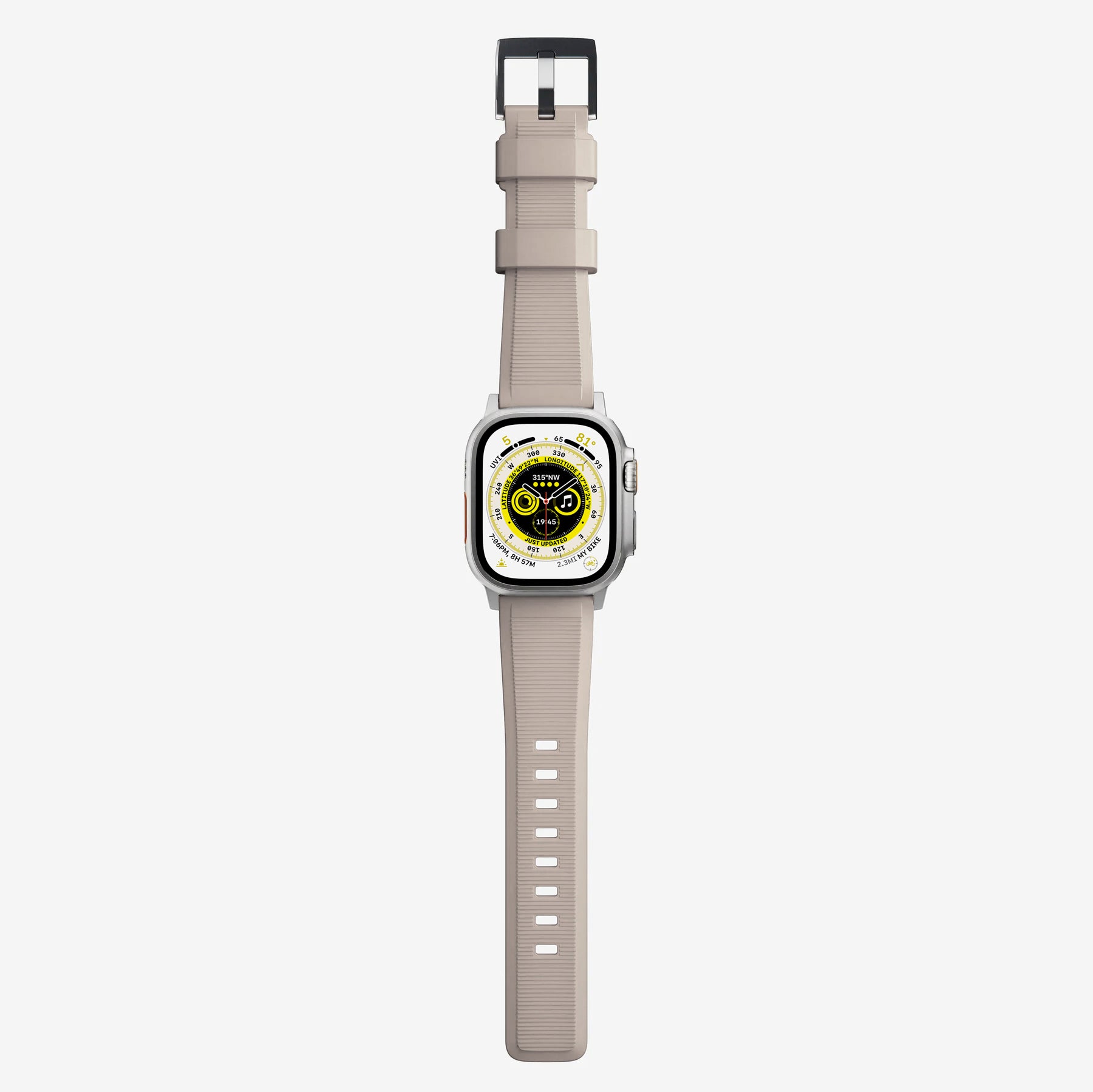 New starlight silicon with metal connectors, pin and buckle watch strap with compression grooves designed for apple watch series 9 45mm and ultra 2 side angle
