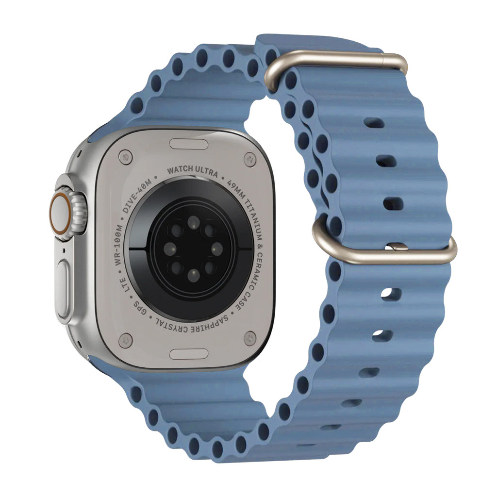 A storm blue colour watch strap band made from silicone with two metal buckles on an Apple watch series 10 42mm/ 45mm/ 46mm and ultra 2 designed for the ocean and active sports