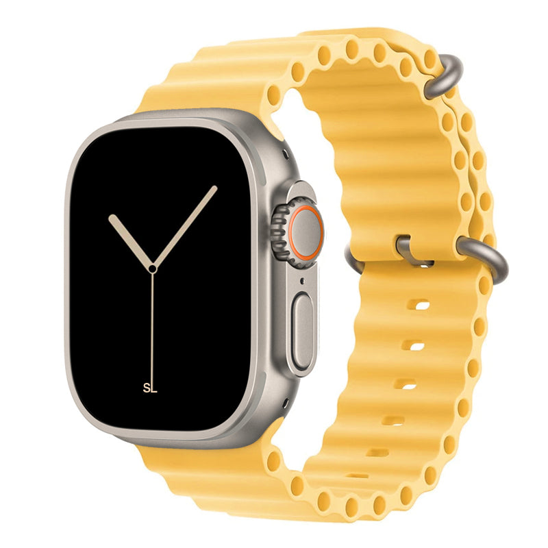 A sunshine yellow colour watch strap band made from silicone with two metal buckles on an Apple watch series 10 42mm/ 45mm/ 46mm and ultra 2 designed for the ocean and active sports