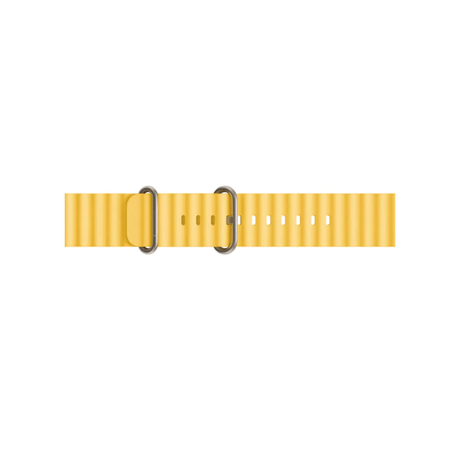 A sunshine yellow colour watch strap band made from silicone with two metal buckles on an Apple watch series 10 42mm/ 45mm/ 46mm and ultra 2 designed for the ocean and active sports