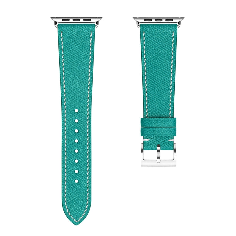 A set of teal coloured french Saffiano leather pattern handcrafted for apple watch series 10 45mm and 46mm made for people to wear to work or to fancy event