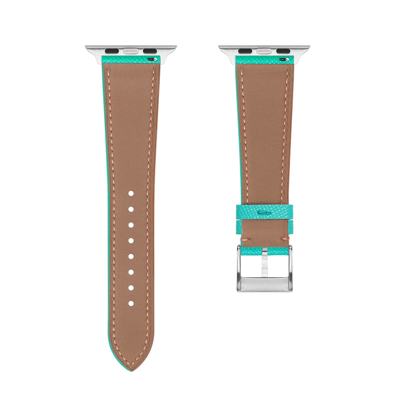 A set of turquoise green coloured french Saffiano leather pattern handcrafted for apple watch series 10 45mm and 46mm made for people to wear to work or to fancy event