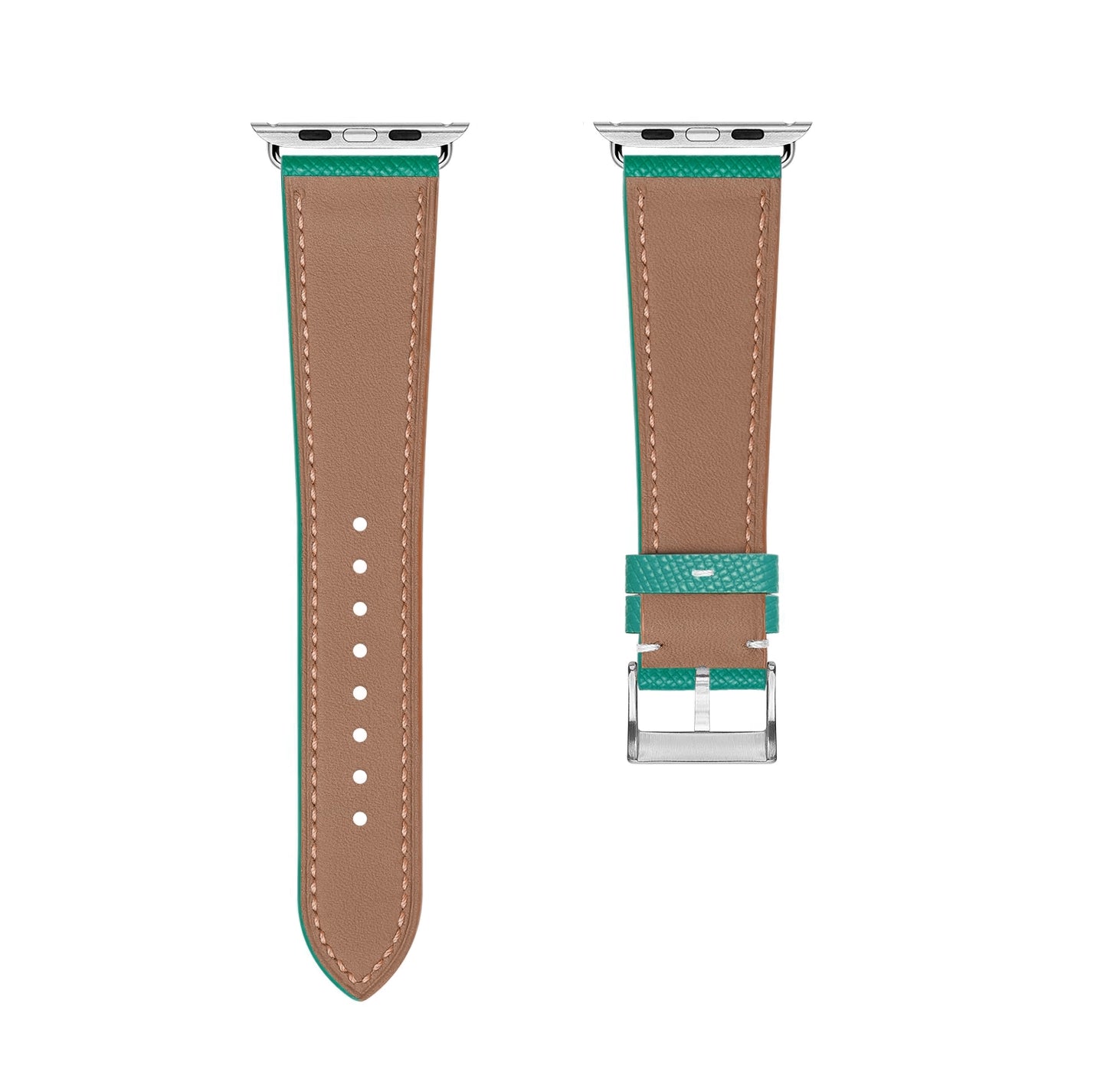 A set of teal coloured french Saffiano leather pattern handcrafted for apple watch series 10 45mm and 46mm made for people to wear to work or to fancy event