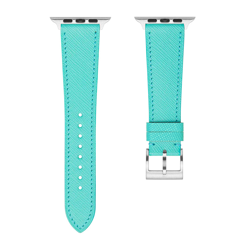 A set of turquoise green coloured french Saffiano leather pattern handcrafted for apple watch series 10 45mm and 46mm made for people to wear to work or to fancy event