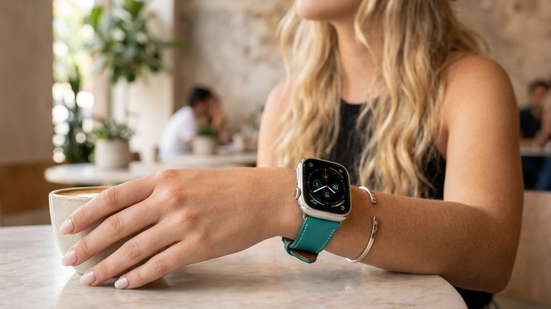 A teal coloured Saffiano leather pattern handcrafted for Apple watch series 11 42mm, 45mm and 46mm worn by a female holding a coffee