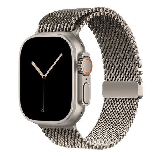A titanium colour looking watch strap band inspired by the titanium metal milanese for Apple watch series 10 and Ultra 2