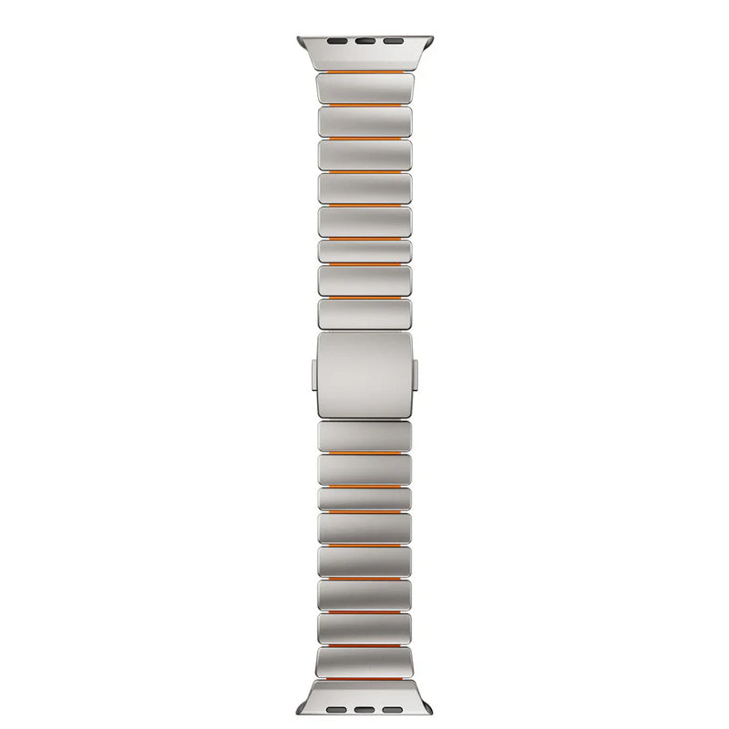 A orange colour brushed titanium metal with silicone rubber hybrid strap on an Apple watch series 11 and ultra 3 42mm 45mm 46mm 49mm built with magnetic clasps
