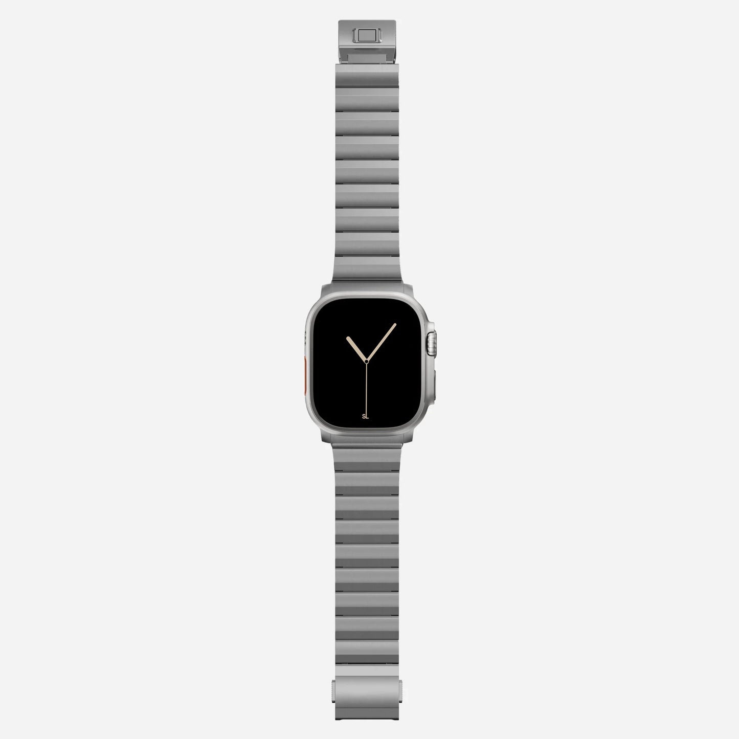 A futuristic Titanium colour brushed stainless steel metal strap on an apple watch series 11 and Ultra 3 42mm 46mm 49mm