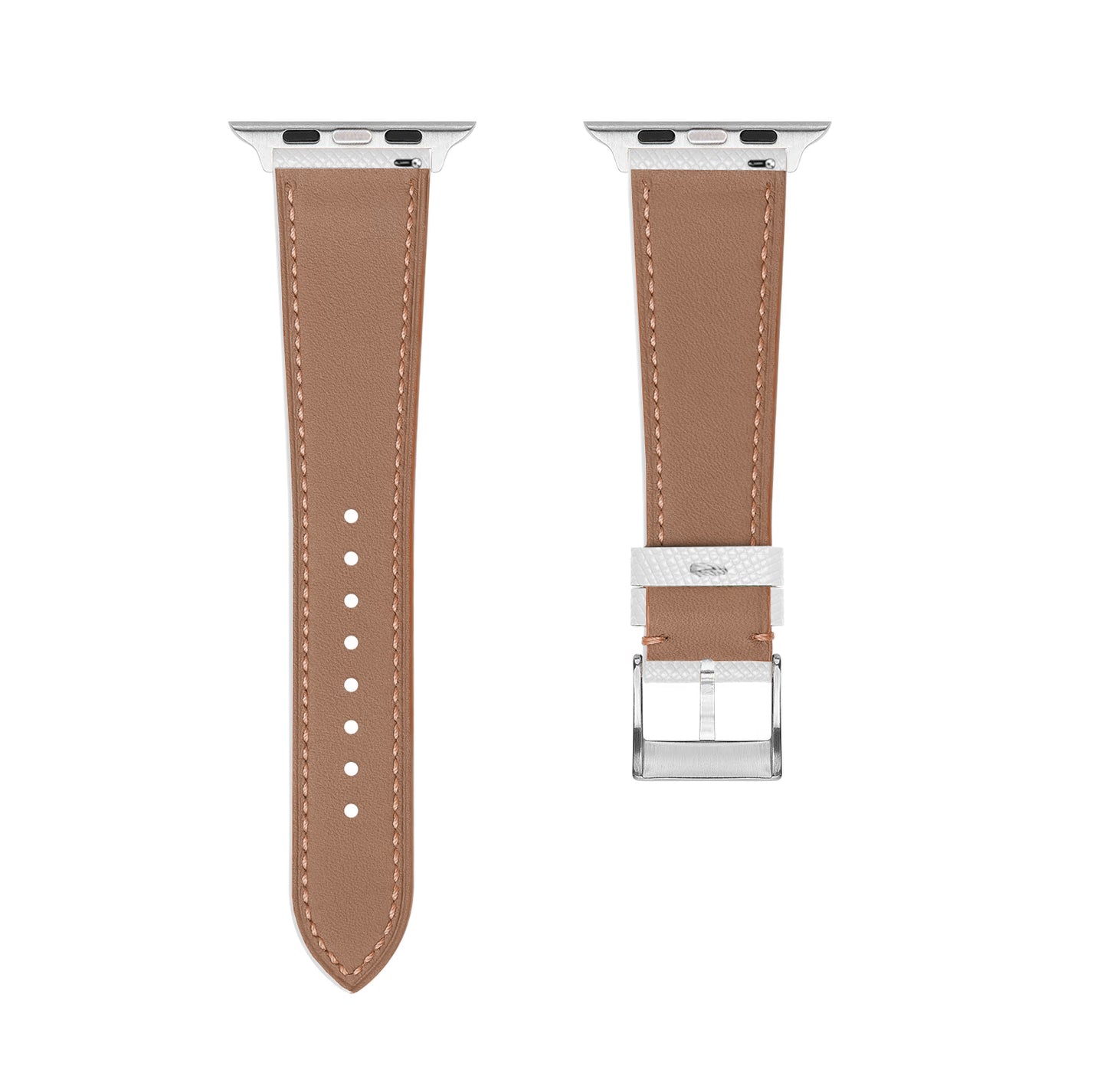 A set of white coloured Saffiano leather pattern handcrafted for apple watch series 10 45mm and 46mm made for people to wear to work or to fancy event