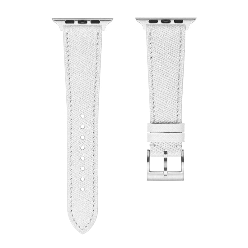 A set of white coloured Saffiano leather pattern handcrafted for apple watch series 10 45mm and 46mm made for people to wear to work or to fancy event