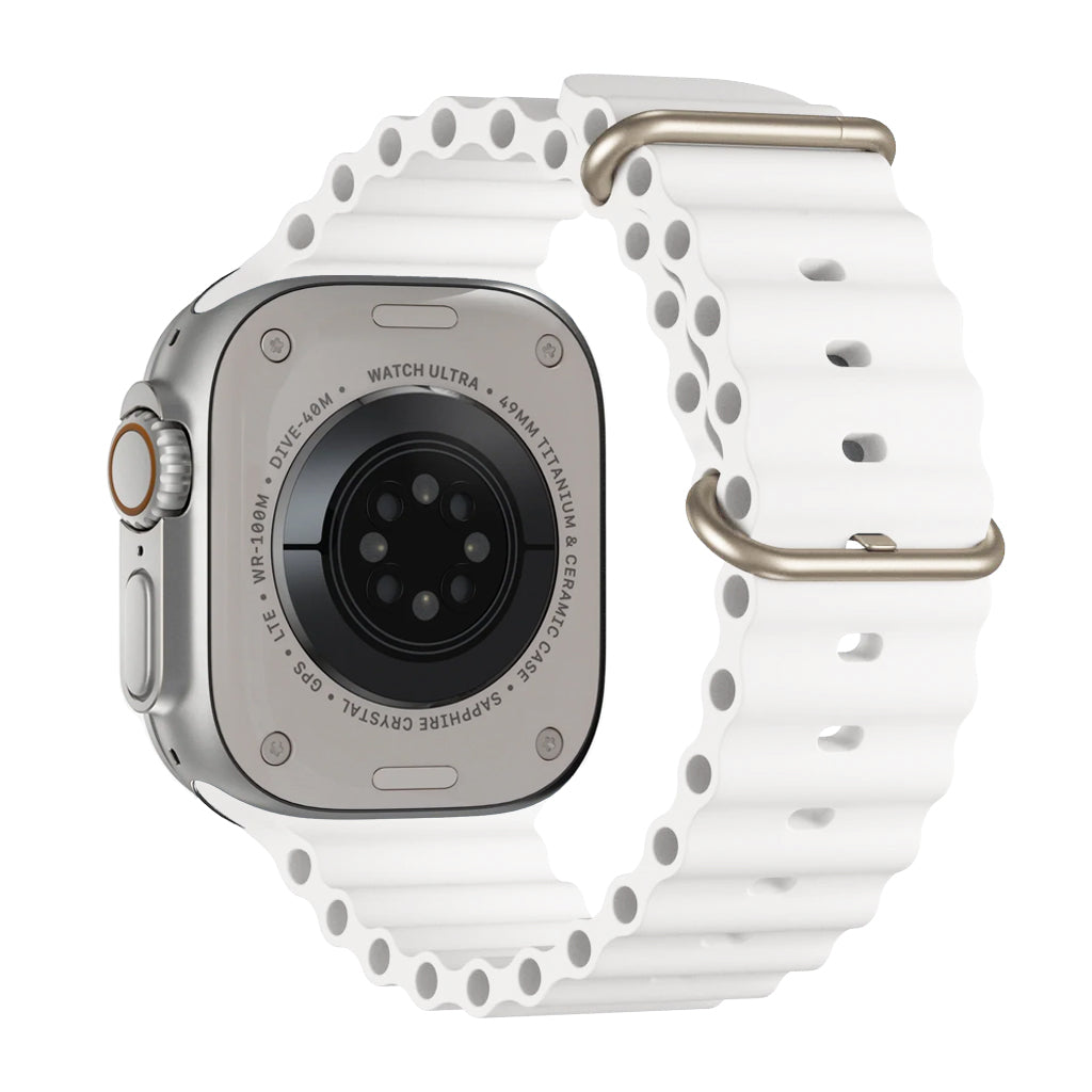 A white colour watch strap band made from silicone with two metal buckles on an Apple watch series 10 42mm/ 45mm/ 46mm and ultra 2 designed for the ocean and active sports