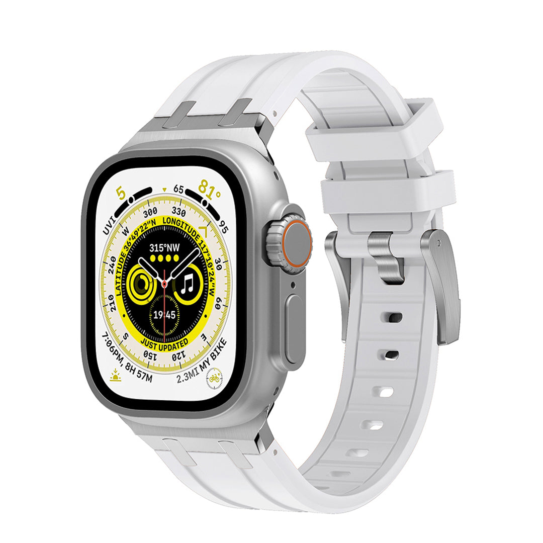 Premium White colour rubber with stainless steel metal connectors and buckles for Apple Watch Series 9 45mm and Ultra 2 49mm