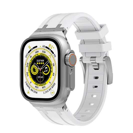 Premium White colour rubber with stainless steel metal connectors and buckles for Apple Watch Series 9 45mm and Ultra 2 49mm