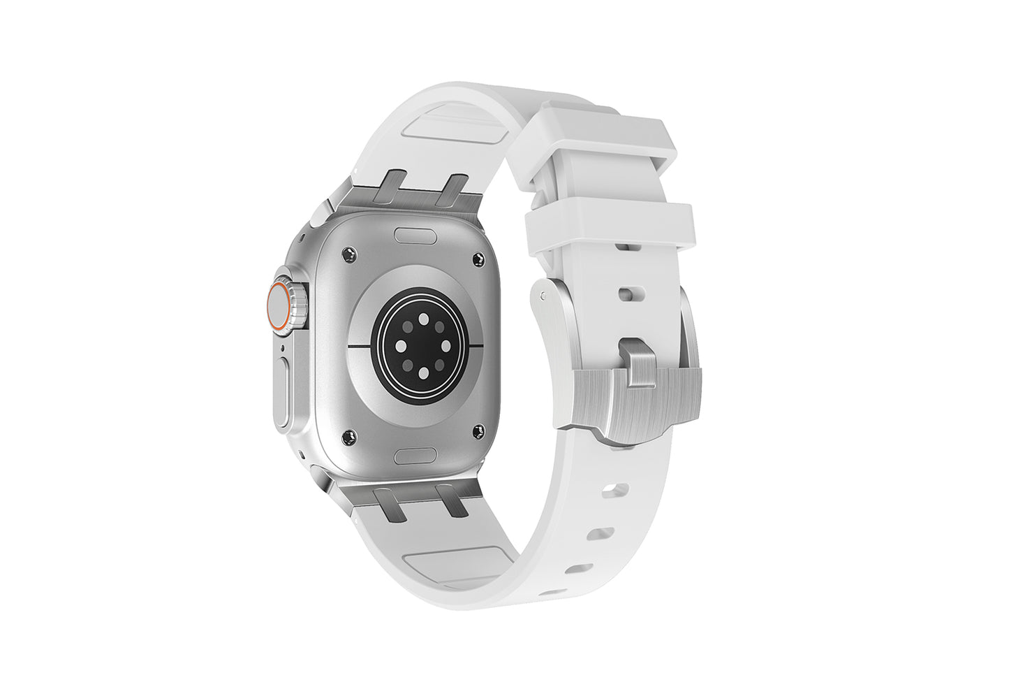 Premium White colour rubber with stainless steel metal connectors and buckles for Apple Watch Series 9 45mm and Ultra 2 49mm
