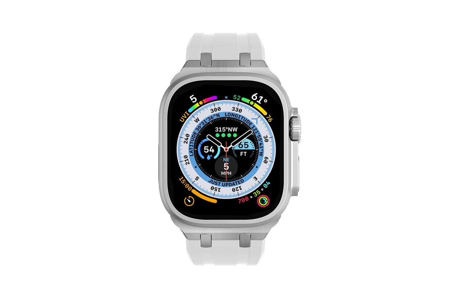 Premium White colour rubber with stainless steel metal connectors and buckles for Apple Watch Series 9 45mm and Ultra 2 49mm