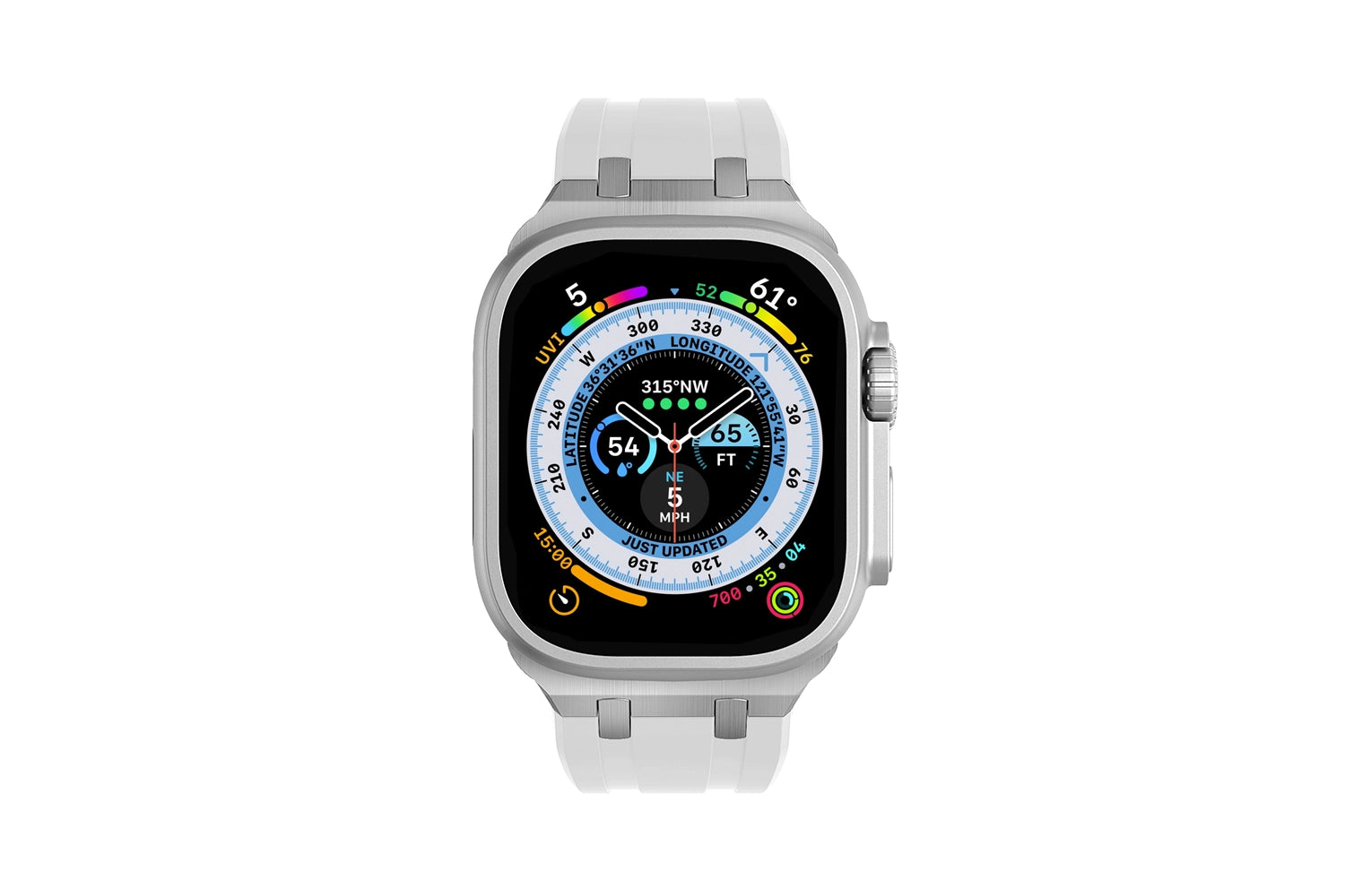 Premium White colour rubber with stainless steel metal connectors and buckles for Apple Watch Series 9 45mm and Ultra 2 49mm