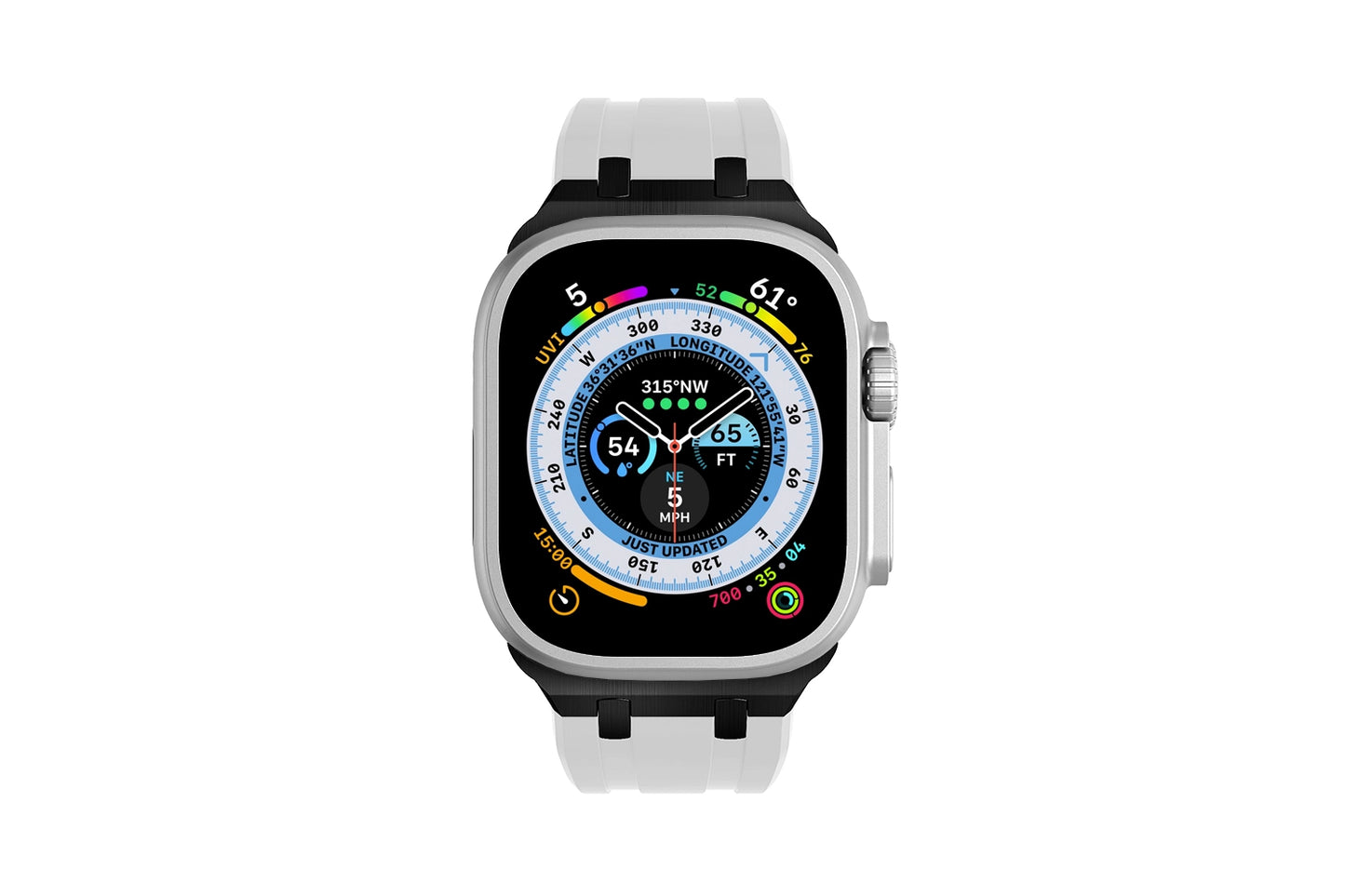 Premium White colour rubber with stainless steel metal connectors and buckles for Apple Watch Series 9 45mm and Ultra 2 49mm