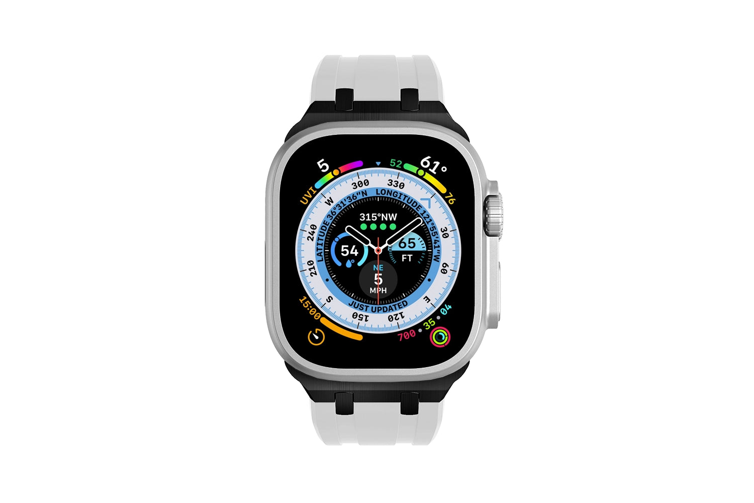 Premium White colour rubber with stainless steel metal connectors and buckles for Apple Watch Series 9 45mm and Ultra 2 49mm
