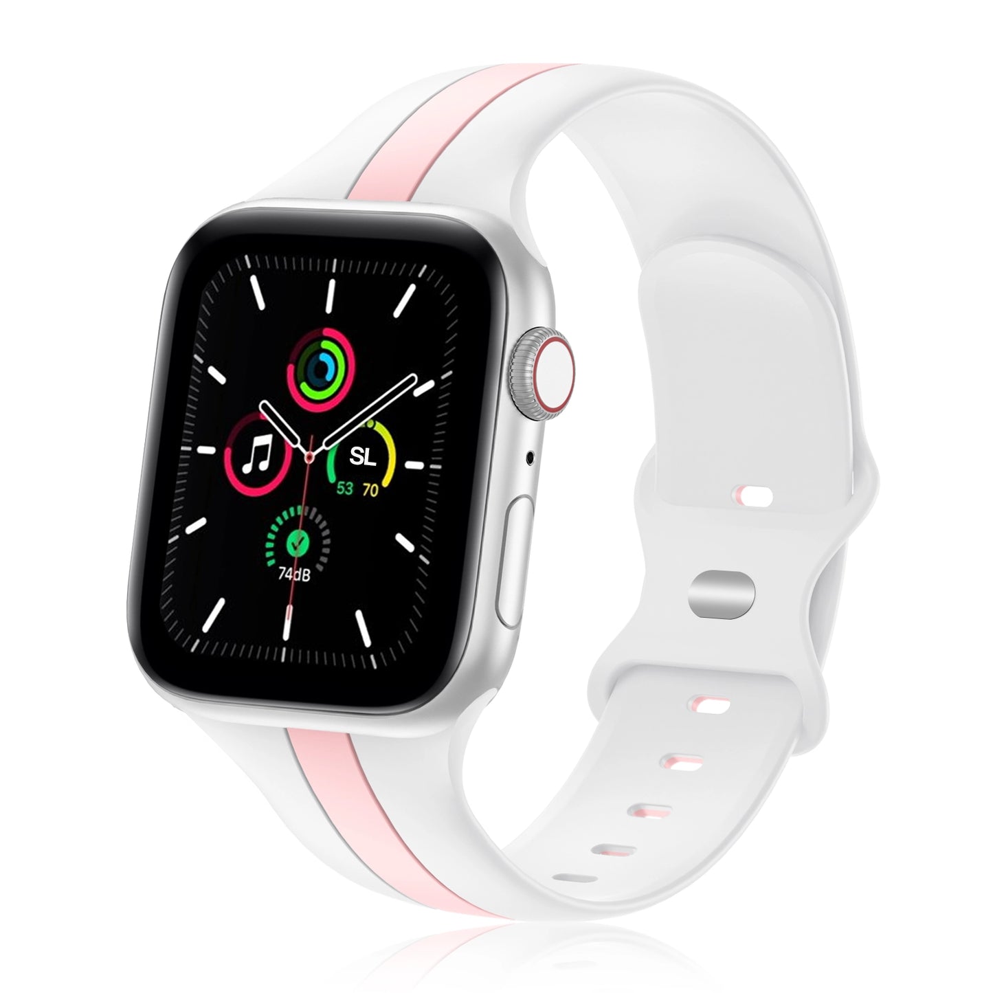A white and pink two colour silicon sport strap for apple watch series 9 41mm