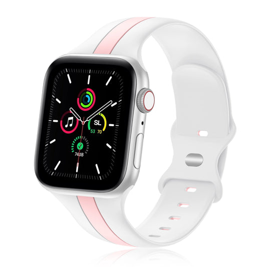 A white and pink two colour silicon sport strap for apple watch series 9 41mm