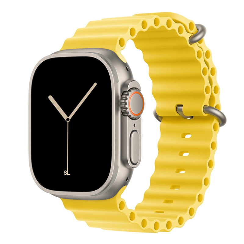 A Yellow colour watch strap band made from silicone with two metal buckles on an Apple watch series 10 42mm/ 45mm/ 46mm and ultra 2 designed for the ocean and active sports