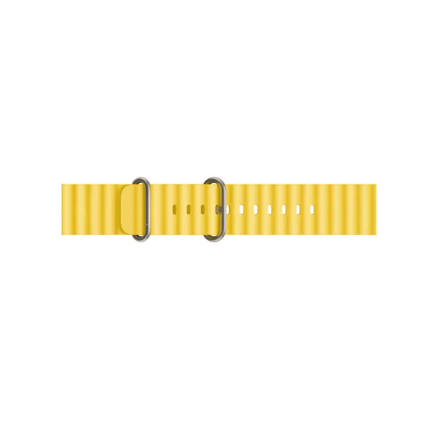 A Yellow colour watch strap band made from silicone with two metal buckles on an Apple watch series 10 42mm/ 45mm/ 46mm and ultra 2 designed for the ocean and active sports