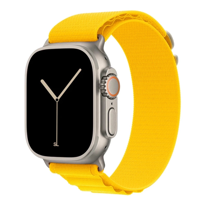 A yellow colour premium nylon watch strap band designed for adventurers and explorers that wear the Apple watch series 10 and Ultra 2 45mm 49mm