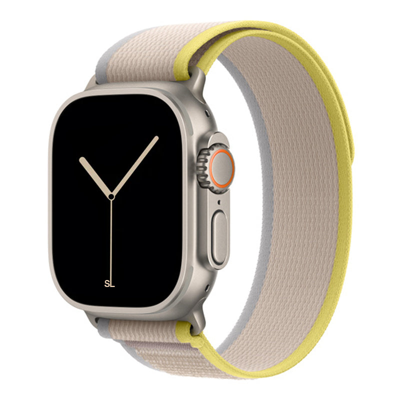 A yellow beige colour watch strap band made from nylon on an Apple watch series 10 42mm/ 45mm/ 46mm and ultra 2 designed for the mountain trail trekking and active sports