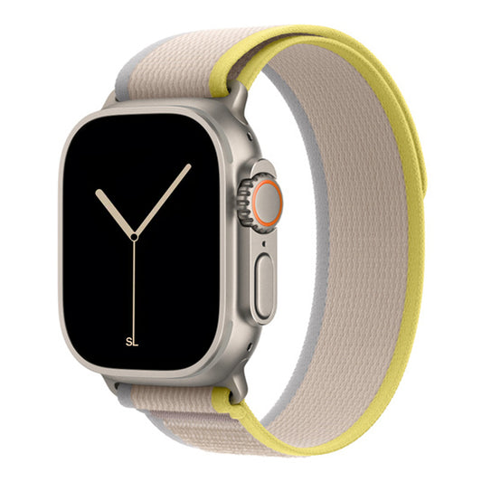 A yellow beige colour watch strap band made from nylon on an Apple watch series 10 42mm/ 45mm/ 46mm and ultra 2 designed for the mountain trail trekking and active sports