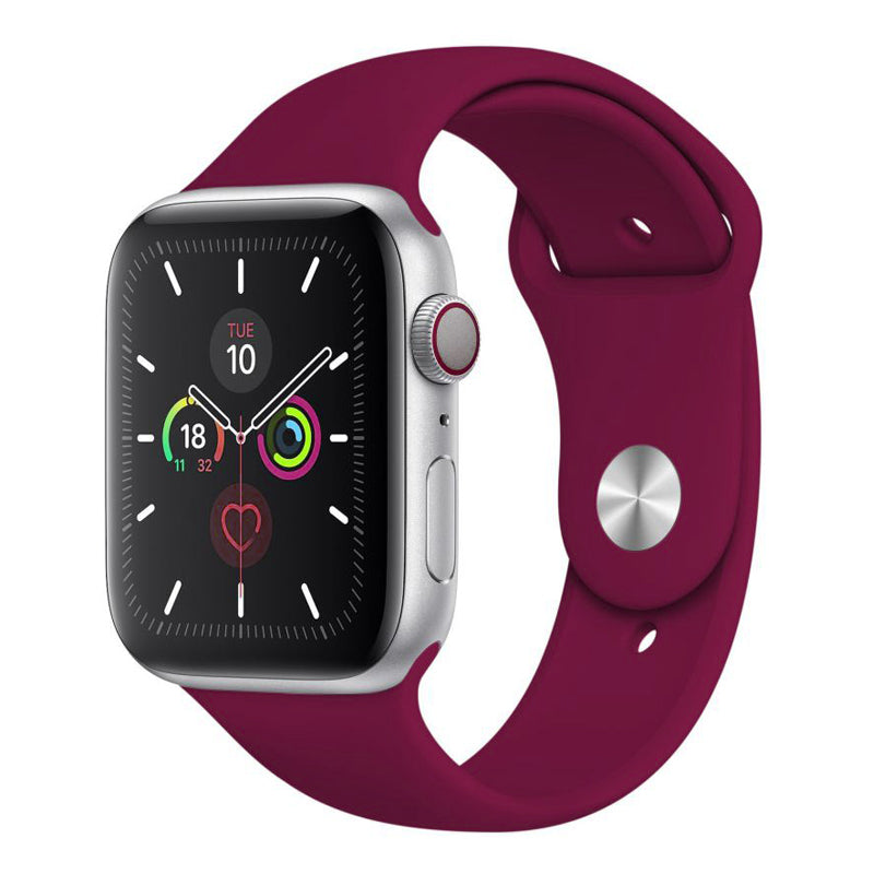A burgundy Red silicone watch strap sport band on an Apple watch series 10 46mm and 42mm and Ultra 2