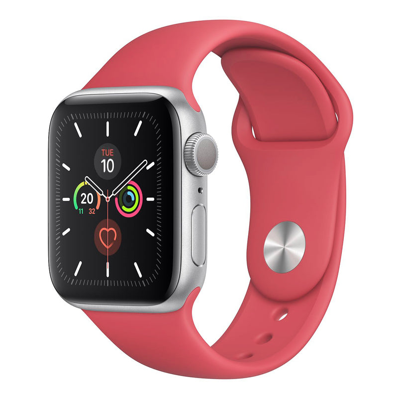 A watermelon red colour silicone watch strap sport band on an Apple watch series 10 46mm and 42mm and Ultra 2