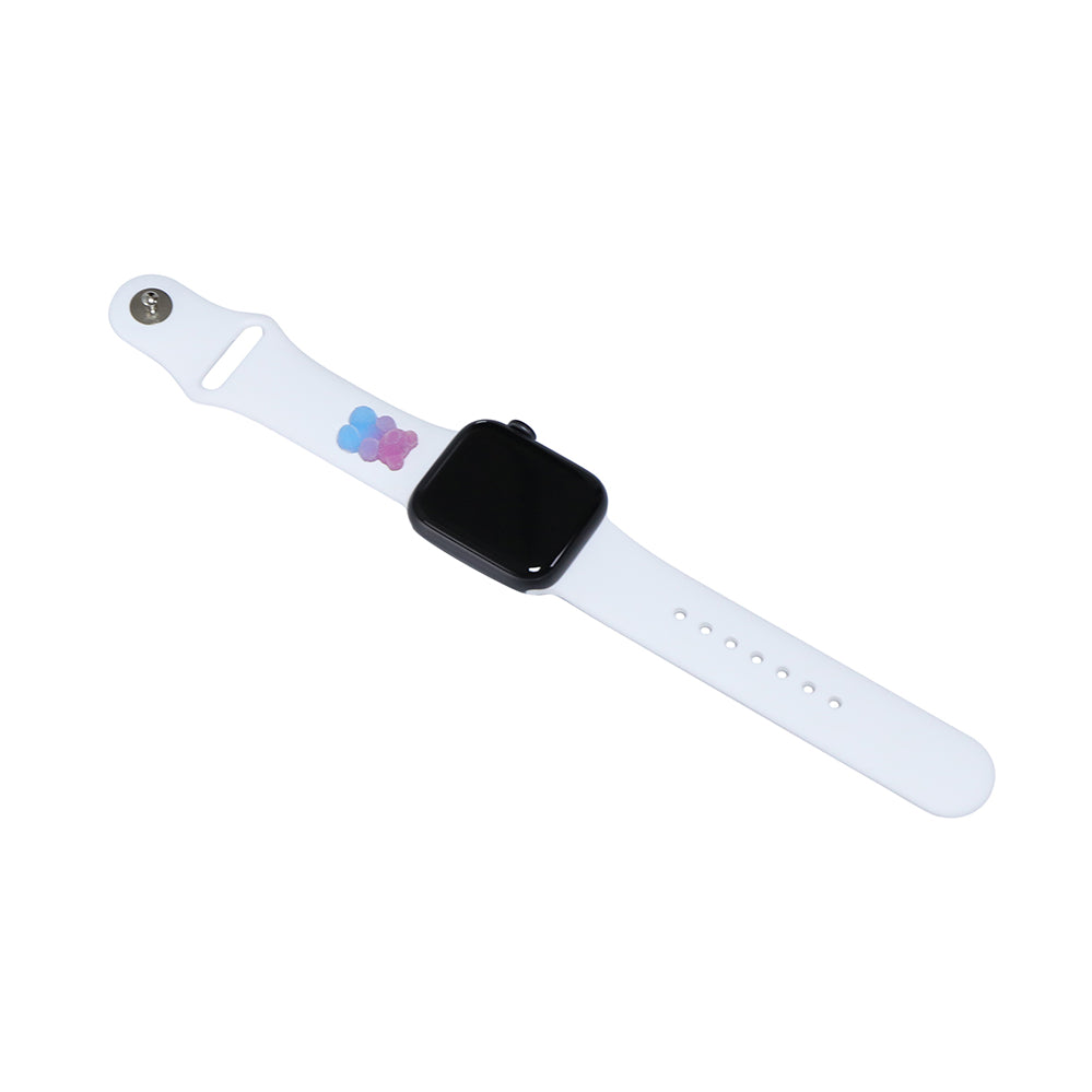 A small blue and purple 3D printed gummy bear attached to a white silicon watch for the apple watch