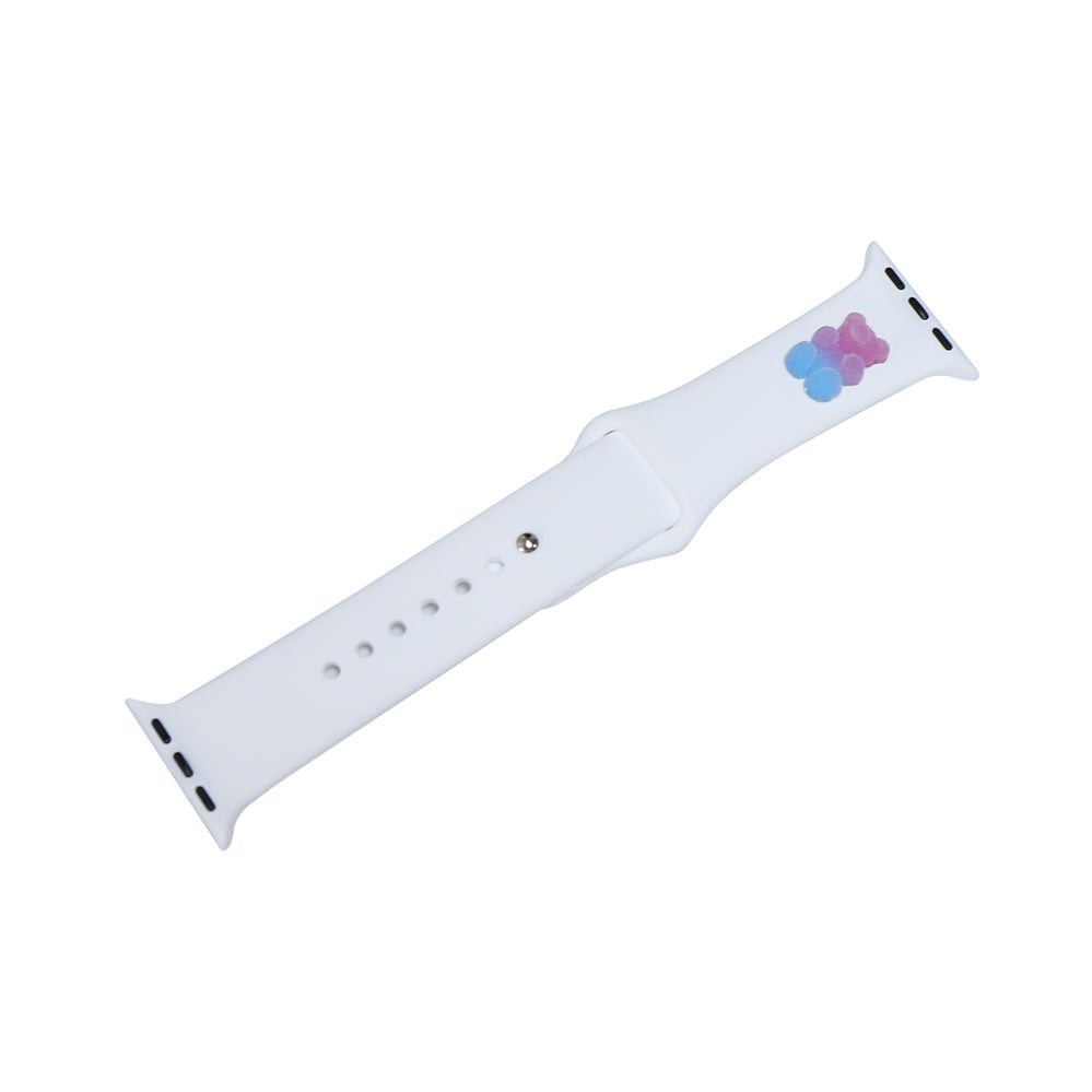 A small blue and purple 3D printed gummy bear attached to a white silicon watch for the apple watch