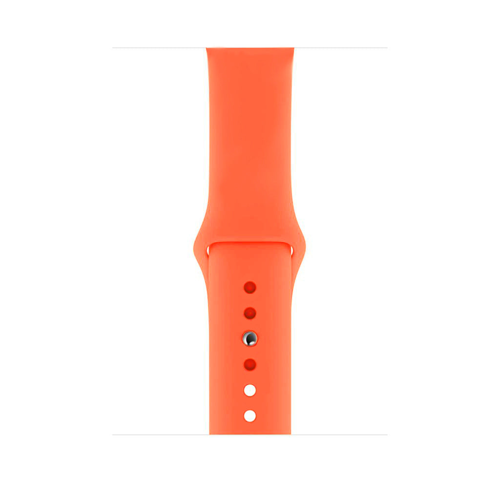 A neon orange colour watch strap made from silicone for apple watch series 10 size 42mm and 46mm on a display band